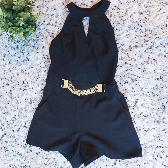 bebe Dresses & Skirts - New with Tags Black Bebe Romper with Gold Chain Belt